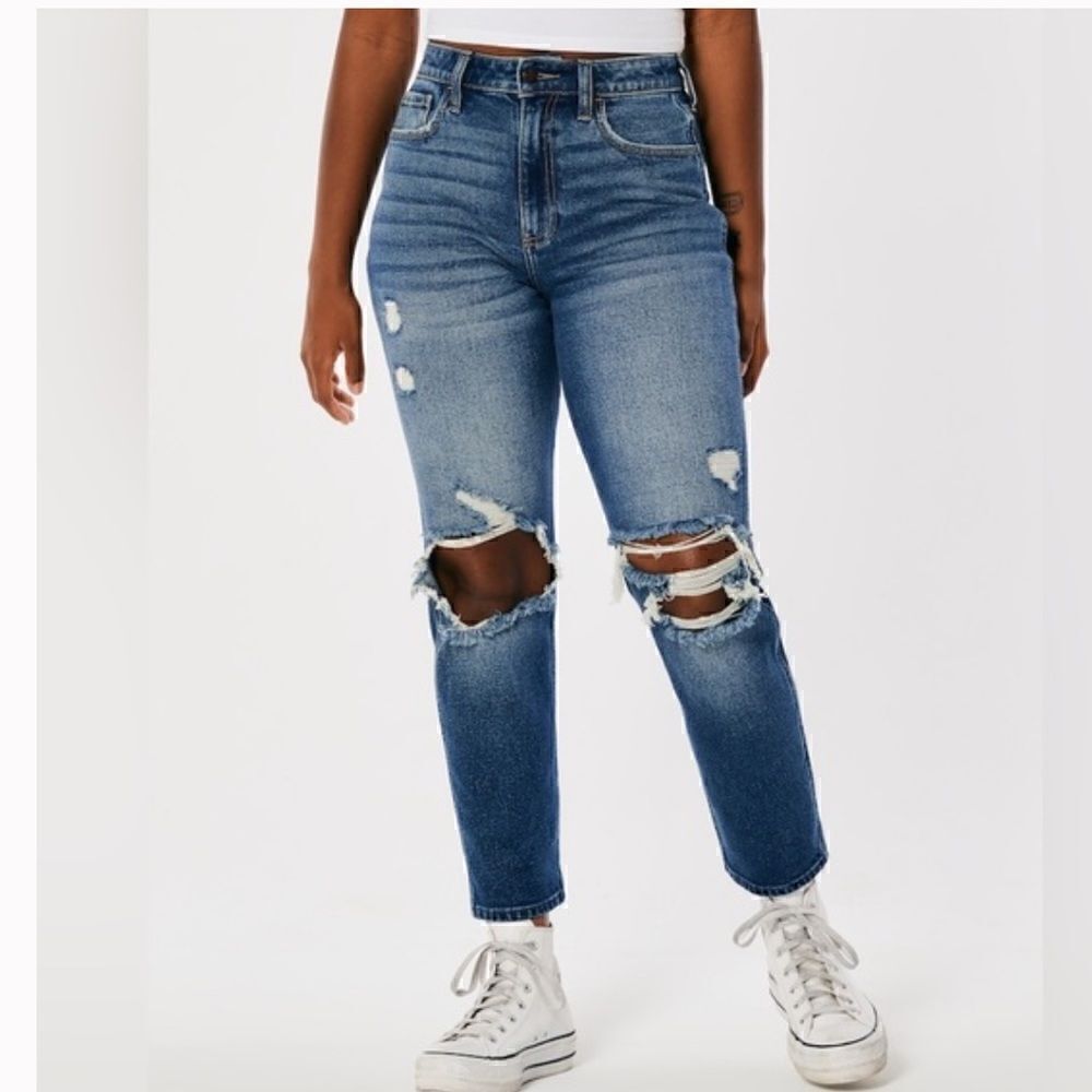 HOLLISTER CURVY HIGH-RISE RIPPED DARK WASH MOM JEANS sz 5 Short
